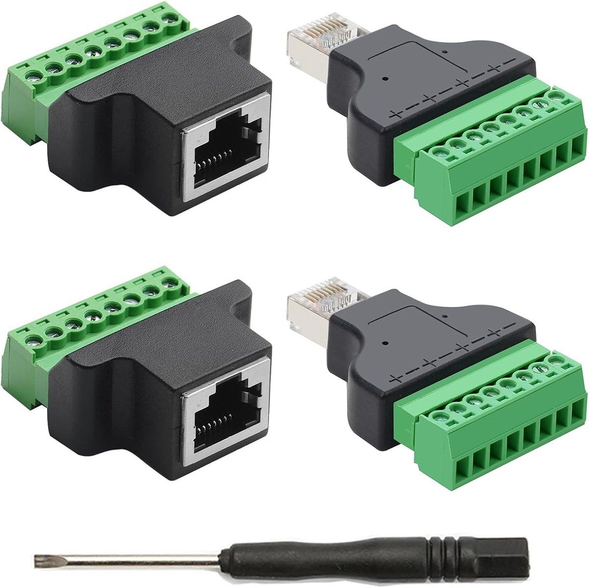 4 stuks RJ45 vrouwelijke aansluiting op 8 pins schroefklemmenblok adapter 8-pins ethernet verbindingsstuk voor Cat7 Cat6 Cat5 CCTV/DVR digitaal internet RJ45 verbindingsstuk (4 stuks (stekker + buch))
