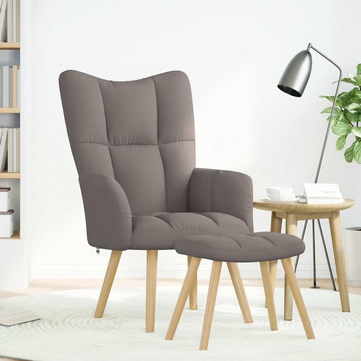 Relaxstoel met kruk, taupe, stof, woonkamerstoel, zitmeubilair voor slaapkamer, kantoor