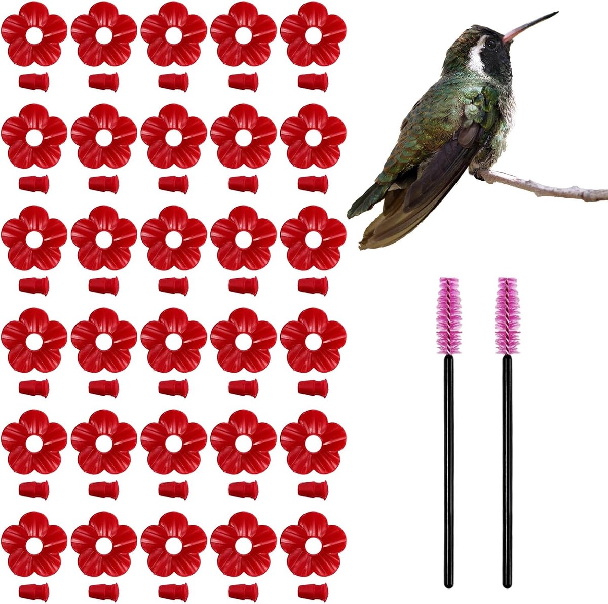30 stuks vervangende voederhuisjes, hangende vervangende bloemen voor kolibries met 2 reinigingsborstels, vervangende onderdelen voor kolibries voor buitengebruik(rood)