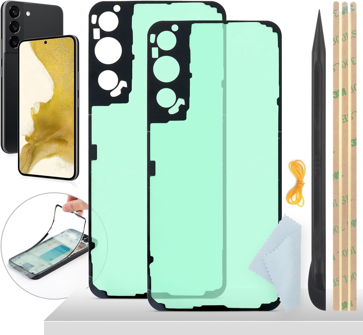 2 stuks accudeksel, waterdichte folie, plakfolie voor Samsung Galaxy S22 5G, accudeksel, afdichting, lijm, zelfklevend + breekijzer + elastiek + reinigingsdoekje voor display