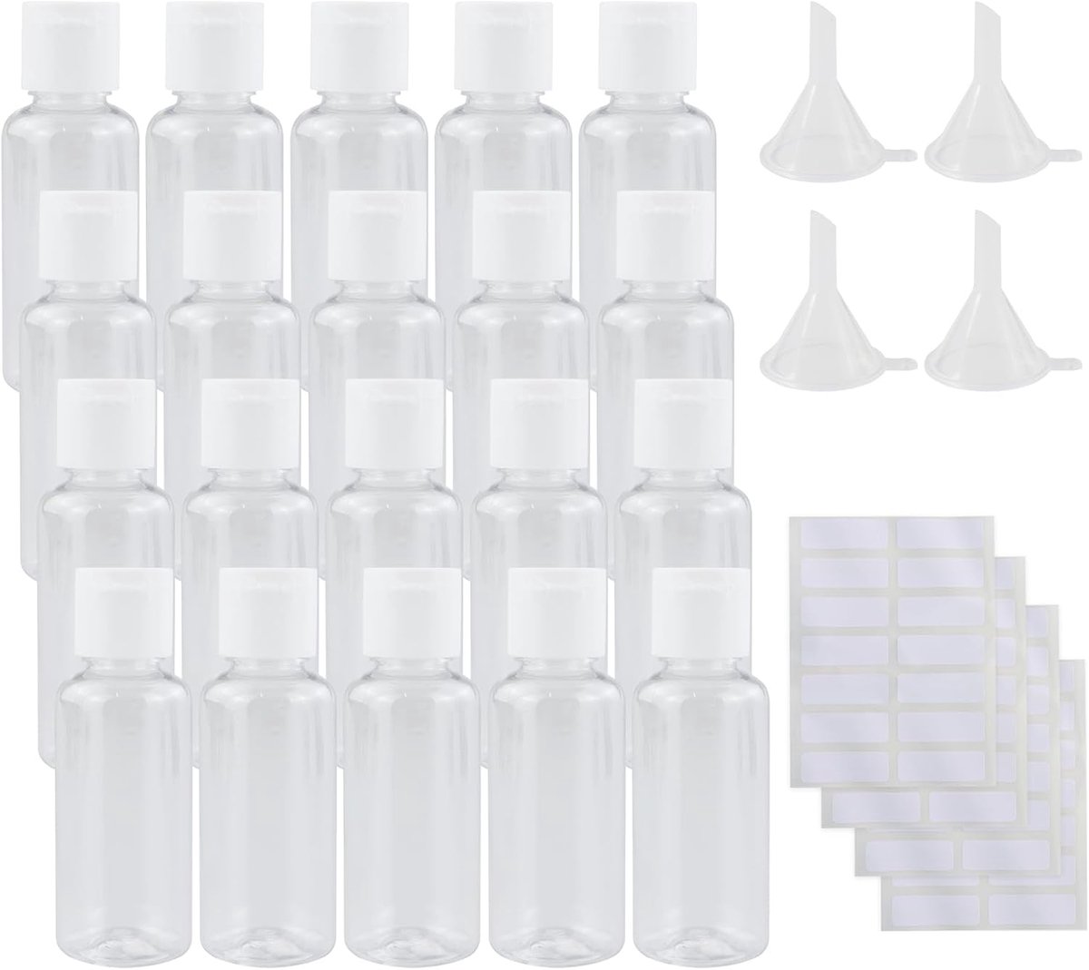 20 sets 30 ml plastic flessen lege reisflessen doorzichtige hervulbare plastic reisflessen voor vloeistoffen flip cap flessen met 4 stuks kleine trechter en 4 stuks etiketten voor reizen of