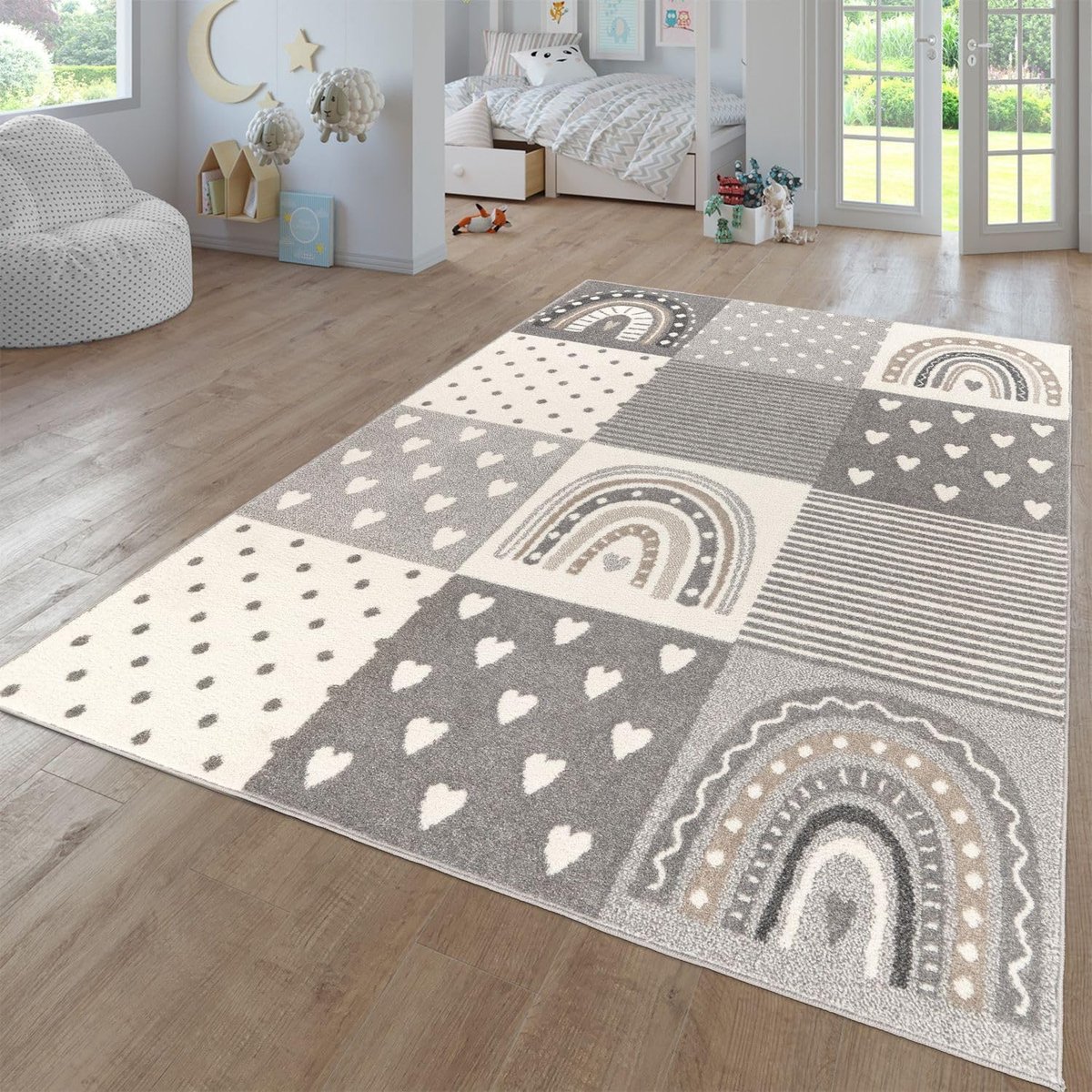 Home Tapijt Voor Kinderen Vloerkleed Kinderkamer Modern Regenboog Wolken Dierlijk motief Veelkleurig, Kleur:Grijs Beige, Maat:120x160 cm