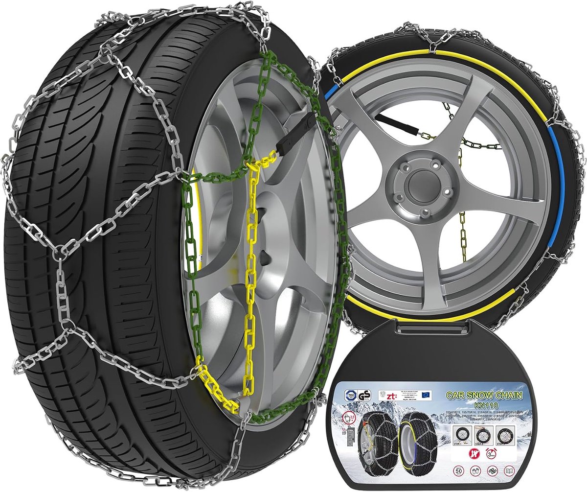 Sneeuwkettingen, 2 stuks x 12 mm, Snelle Montage in 1 Minuut Dankzij, Universele Noodketting voor Personenauto’s, Pick-ups en SUV’s (KN 110)