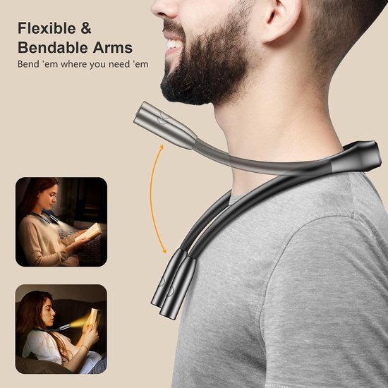 Nek Leeslamp – Oplaadbare LED Leeslamp om de Nek – Boeklamp – Leeslampje voor Bed – 3 Lichtkleuren – Traploos Dimbaar – USB-C – Flexibel – Handsfree – Voor Lezen, Breien, Handwerken & Nachtelijk Gebruik — afbeelding 2