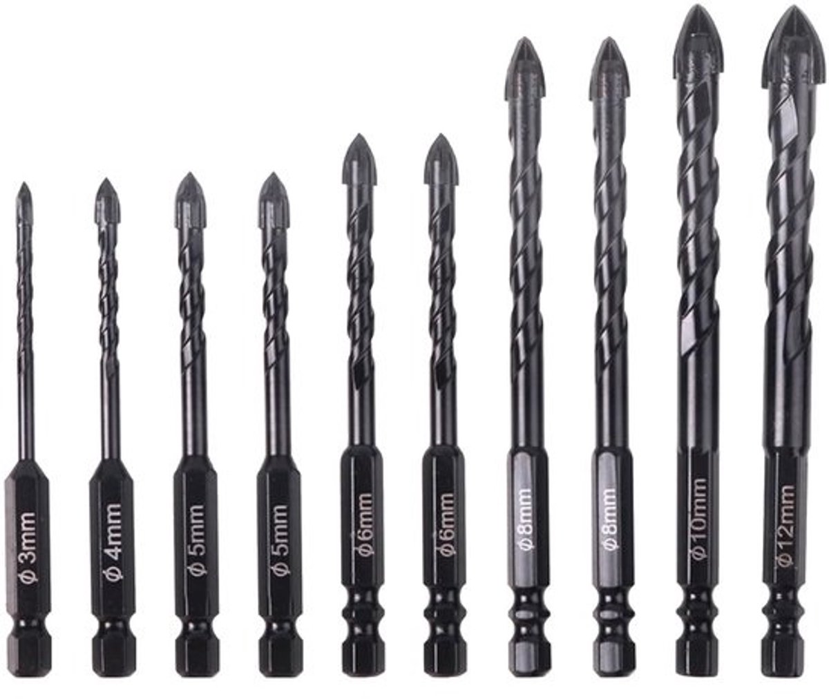 Set hardmetalen boren - Kruisboren - Voor gaten boren - Vierkante kruisranden - 10 stuks - Zwart