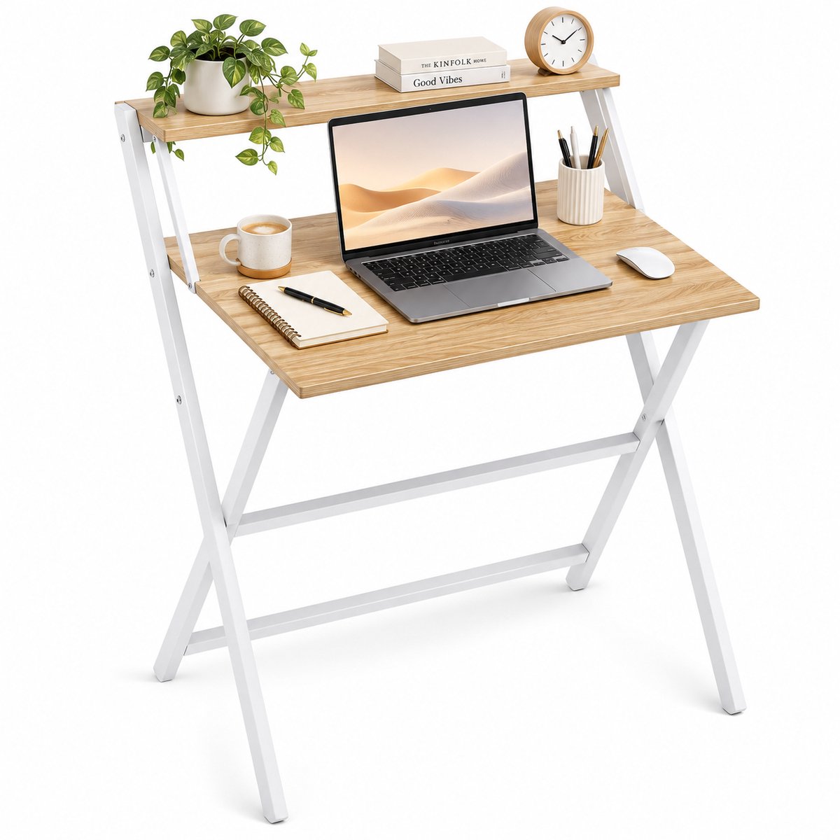 HEMO Inklapbaar Bureau met Opbergplank – Compact Computertafel & Werktafel – Ruimtebesparend Bureau – Stalen Frame – 65,5 x 45 x 86,5 cm – Naturel/Wit