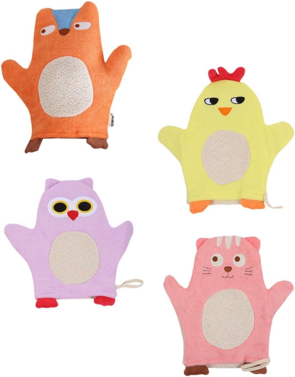 4 Stuks Delige Kindvriendelijke Badhandschoenen met Schattige Dierenprint Lichtgewicht Compact voor Zachte Schuimende Washandjes voor Jongen Geschikt voor Badkamer Hotelgebruik