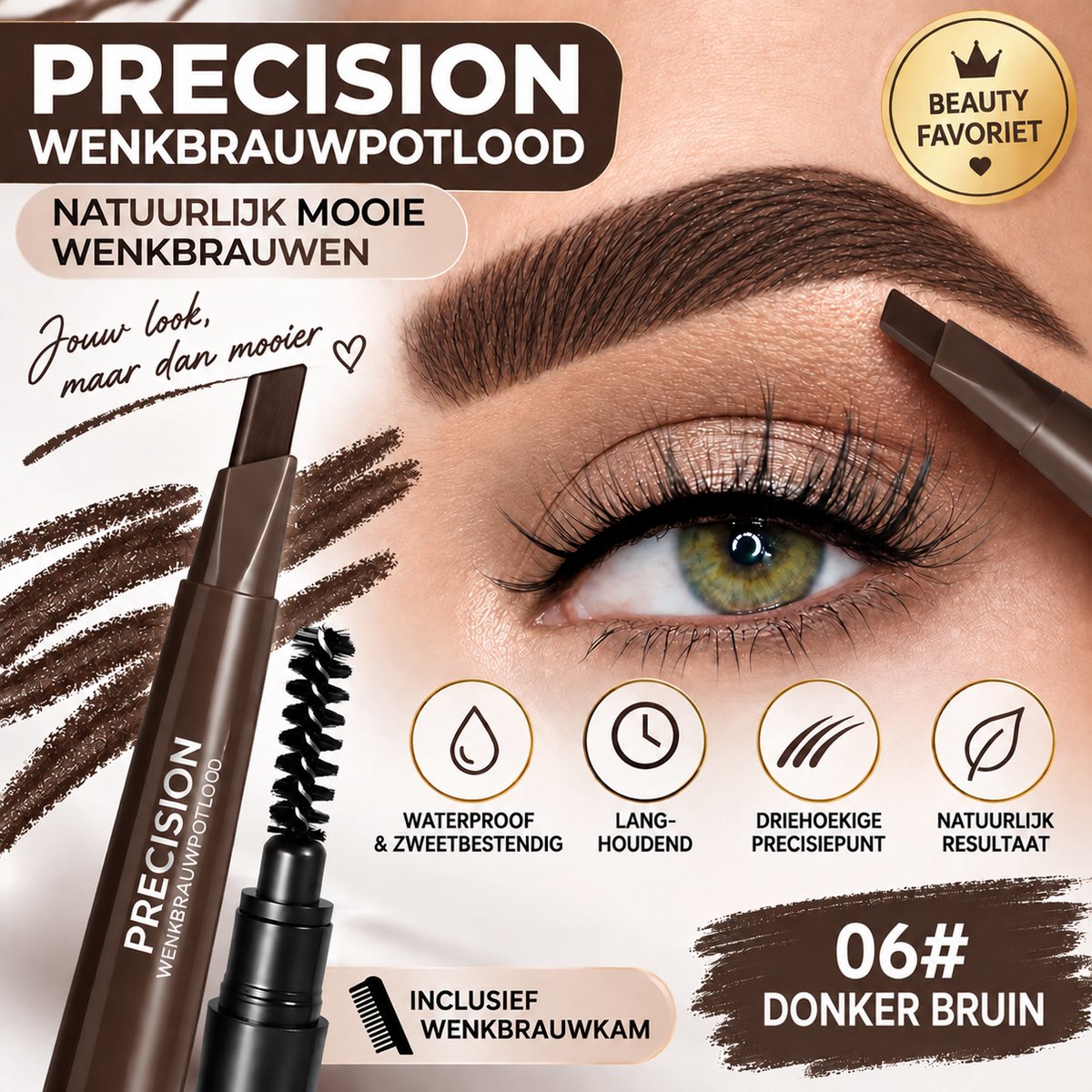 Precision Wenkbrauwpotlood met Driehoekige Punt – Waterproof & Zweetbestendig – Natuurlijke Wenkbrauwen – Langhoudend – Inclusief Wenkbrauwkam – Donker Bruin