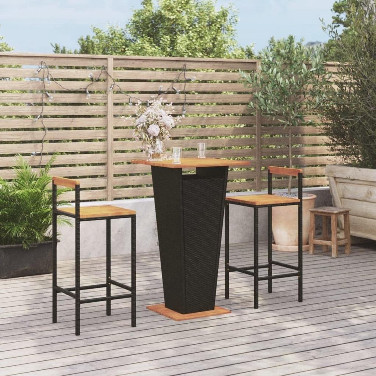 3-delige tuinmeubelset, zwart, polyrotan, massief acaciahout, balkonmeubelset, tuinmeubelset, terrasmeubelset, terras, tuin, balkon