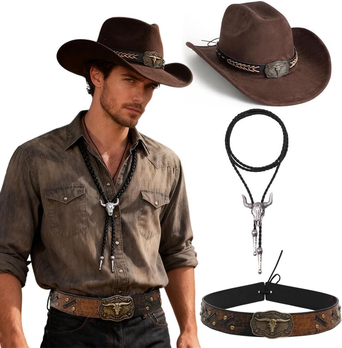 Cowboyhoed voor volwassenen, kleur brons, cowboystropdassen van leer, Westerse cowboystijl, carnavalskostuums, Halloween en themafeesten