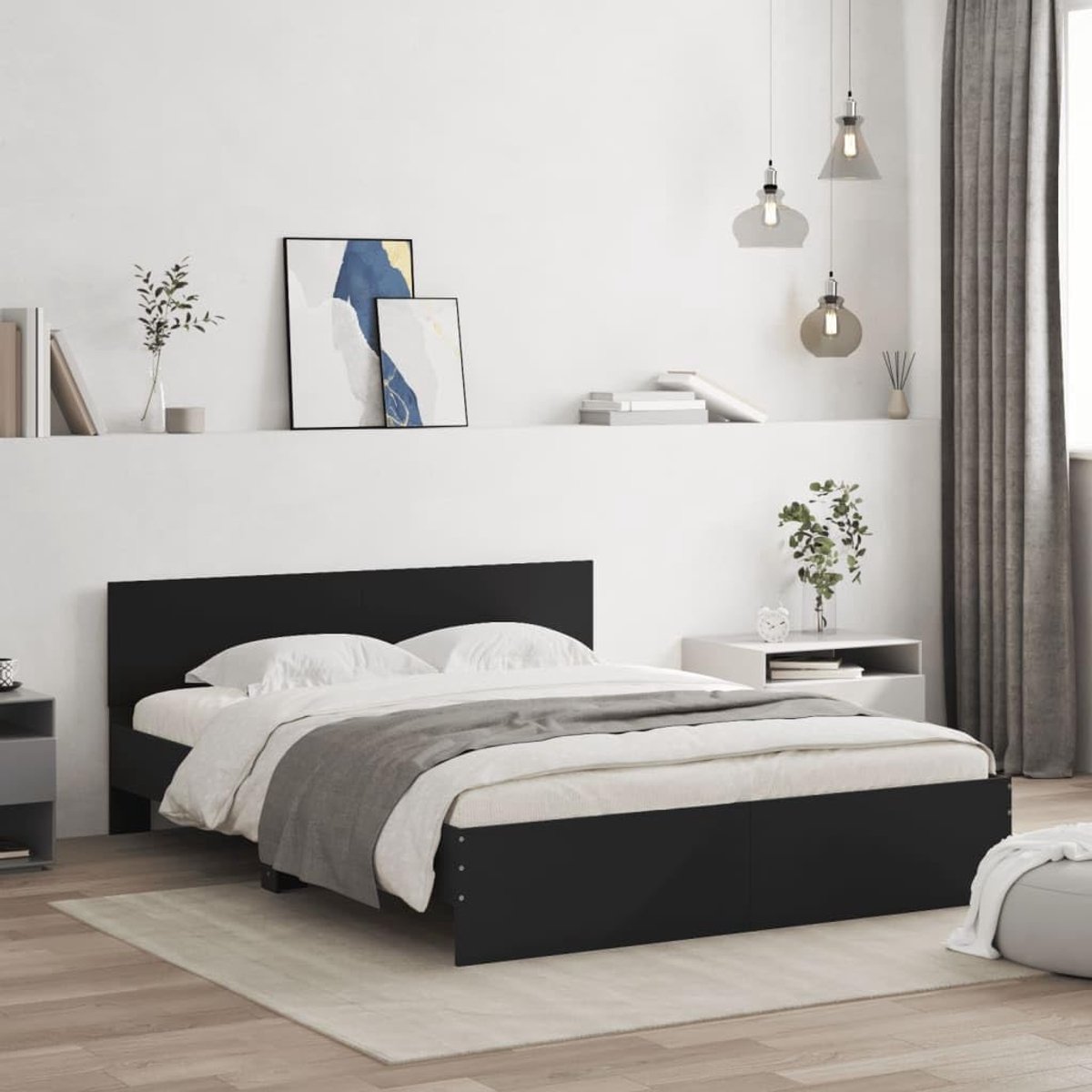 Bedframe en lattenbodem, kastbed, bekleding, hoofdeinde, bedframe met hoofdeinde, zwart, 140x200 cm