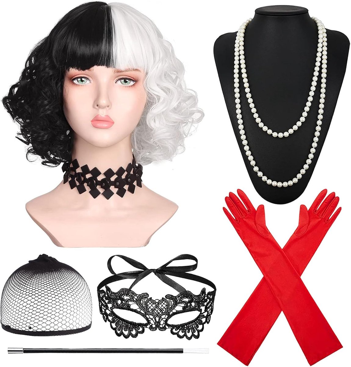 Kostuum voor dames, Halloween-kostuum voor dames, jaren 70-accessoires, pruik zwart wit, korte zwarte en witte pruik met kanten masker, handschoenen en halsketting set voor carnaval