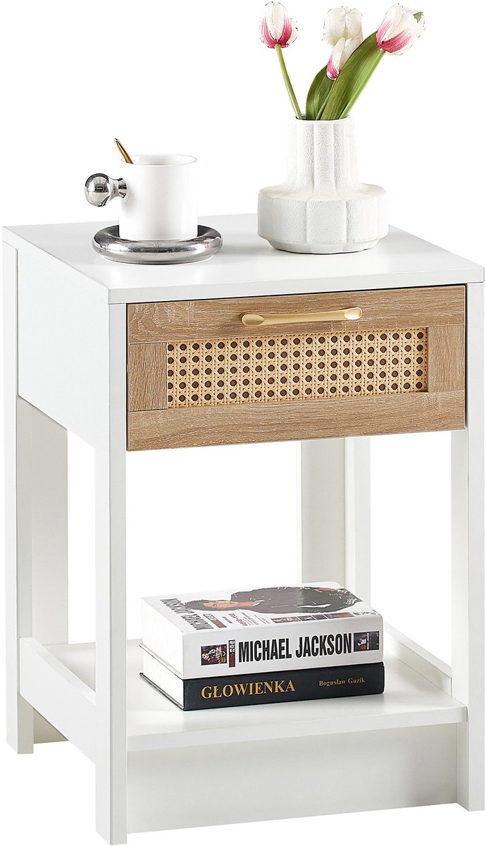 Ropilly Nachtkastje Rotan met Lade - Witte Bijzettafel van MDF - Compact Bedtafeltje - Naturel/Wit - Voor Slaapkamer & Woonkamer - 40x40x55 cm Natuurlijk + wit
