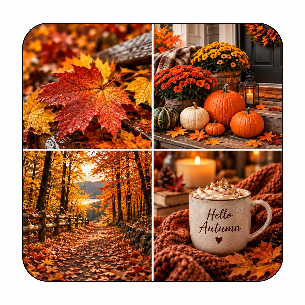 Herfst MDF onderzetter 10 x 10 cm – Herfstbladeren, Pompoenen en Koffie – Vierkante Tafelonderzetter
