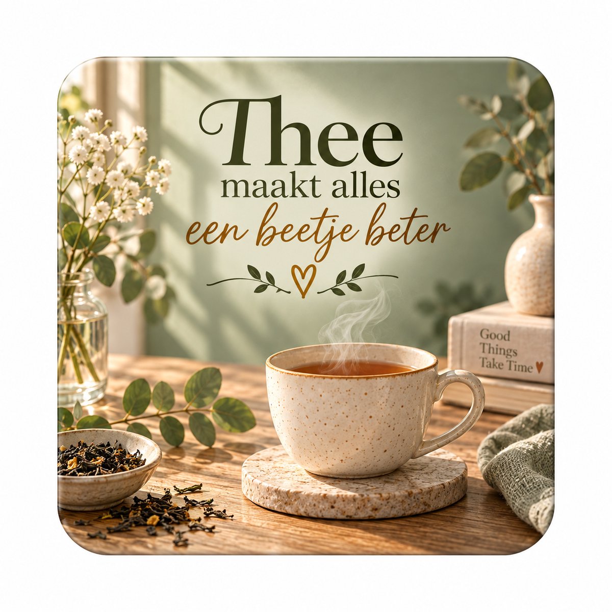 Thee maakt alles een beetje beter MDF onderzetter 10x10cm – Cadeau voor Theeliefhebbers