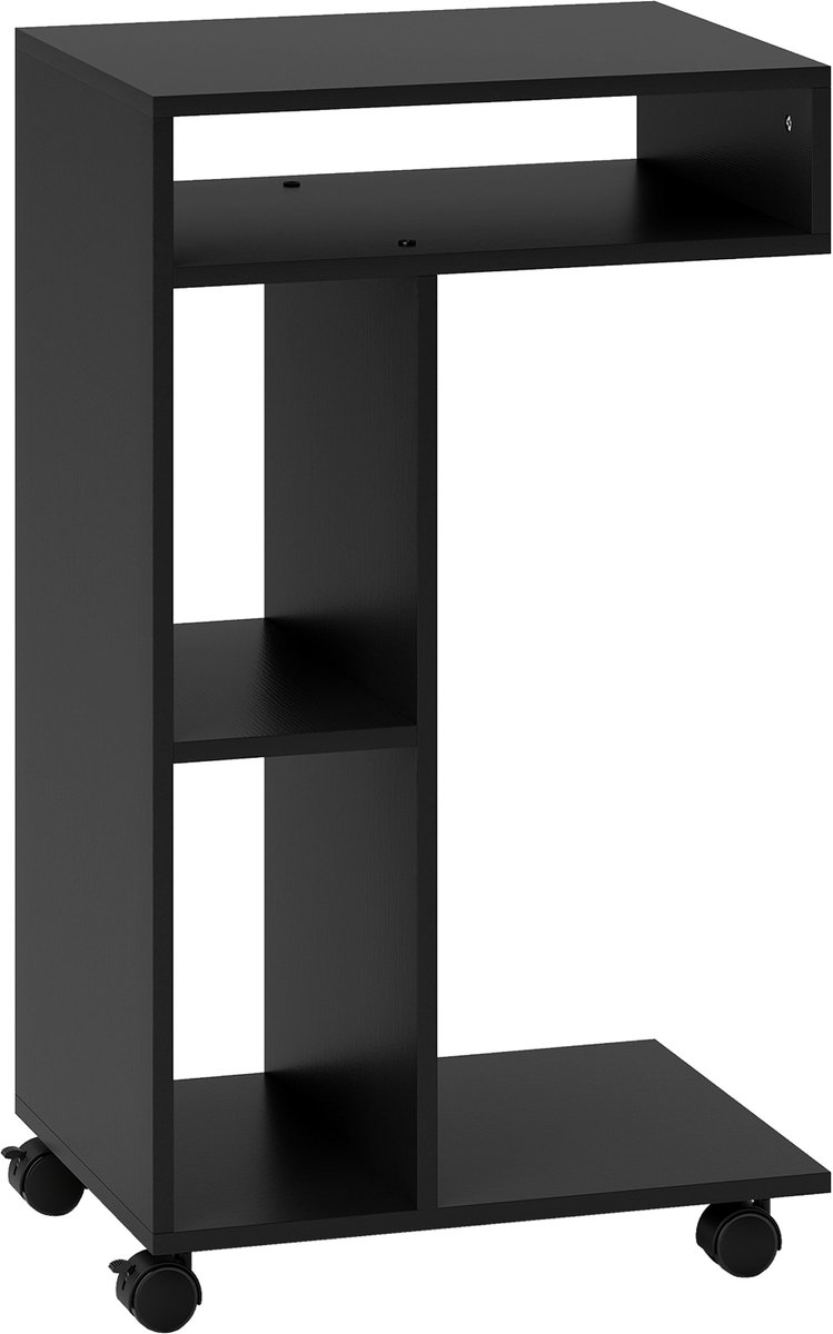 Homona Bijzettafel - C-vormige serveerwagen met wielen - Met 3 vakken en opbergplank - 40 x 30 x 69 cm - Zwart