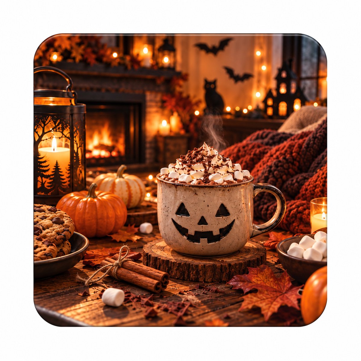 Halloween MDF onderzetter 10 x 10 cm – Pompoen Mok met Herfstdecoratie – Vierkante onderzetter
