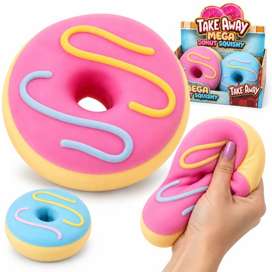 Roze donut squishy met gele en grijze decoratie, naast een kleine blauwe en roze donut.