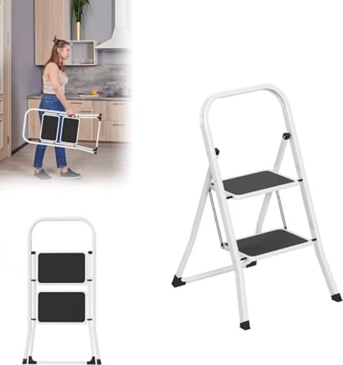 Inklapbare stalen trapladder met 2 treden - Antislip - Ergonomische leuning