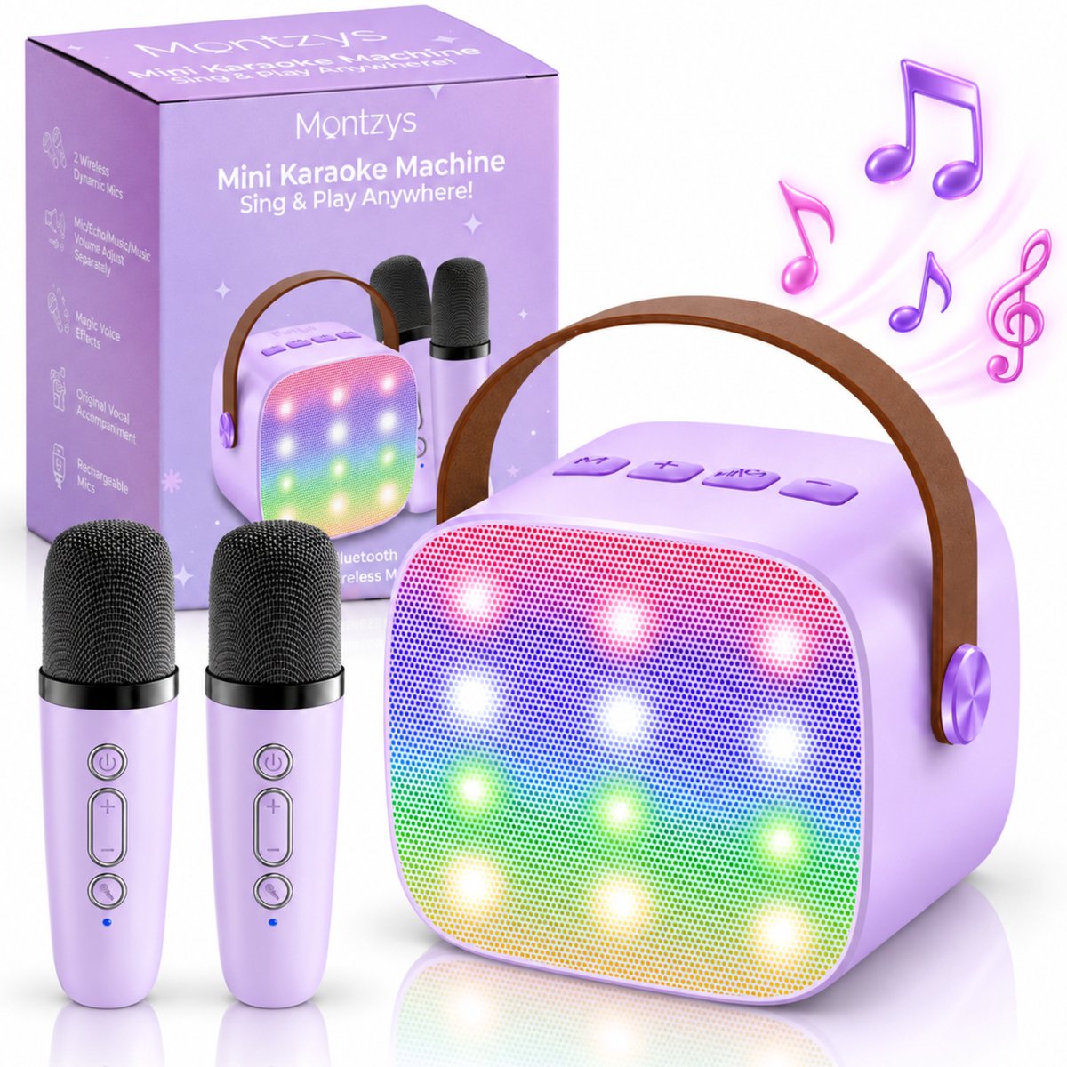 Montzys® Karaoke Set met 2 Draadloze Microfoons - Draagbare Bluetooth Speaker met LED Verlichting - Karaokeset voor Kinderen & Volwassenen - Sinterklaas & Kerst Cadeau