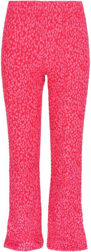 Roze broek met een crêpe-textuur en een subtiel roze dierenprintje, recht model.