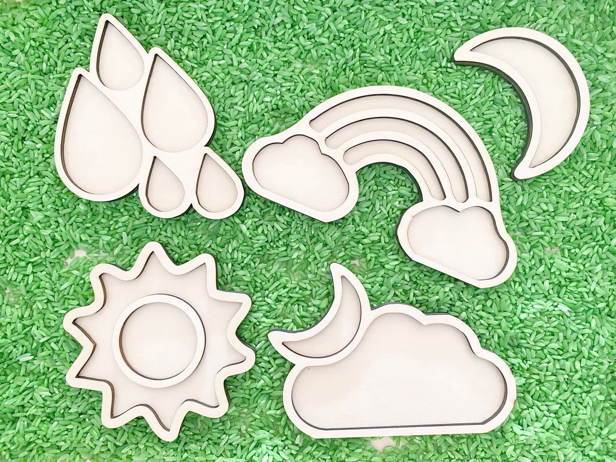 Villa Hip Weer vulvormen set - 5 Stuks - Hout - Sensorisch speelgoed l Open einde l Speeltray - Zon, regen, druppels, maan, wolk, regenboog