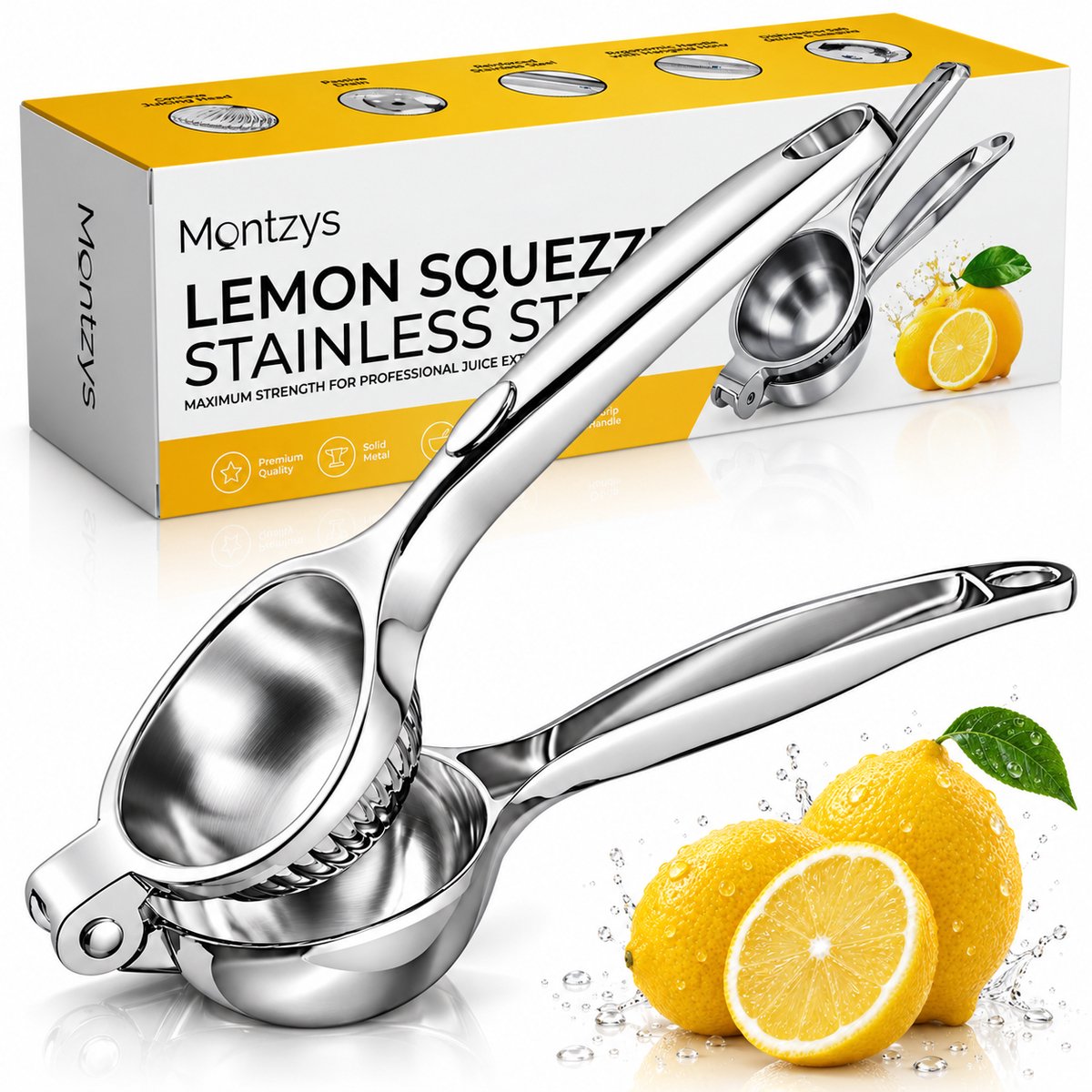 Montzys® Citroenpers RVS - Handmatig te Bedienen Citruspers, Limoenpers & Fruitpers - Pers voor Citroen & Limoen - Vaatwasserbestendig Keukengerei