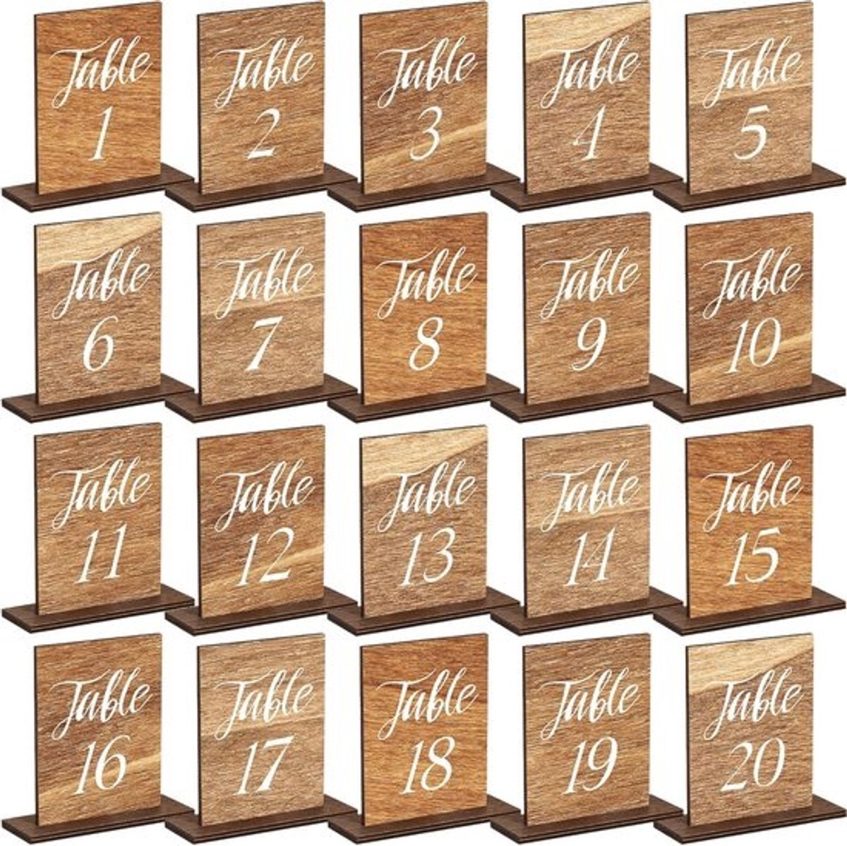20x houten tafelnummers set 1 t/m 20 met sokkel - Rustieke decoratie voor bruiloft, feest en restaurant