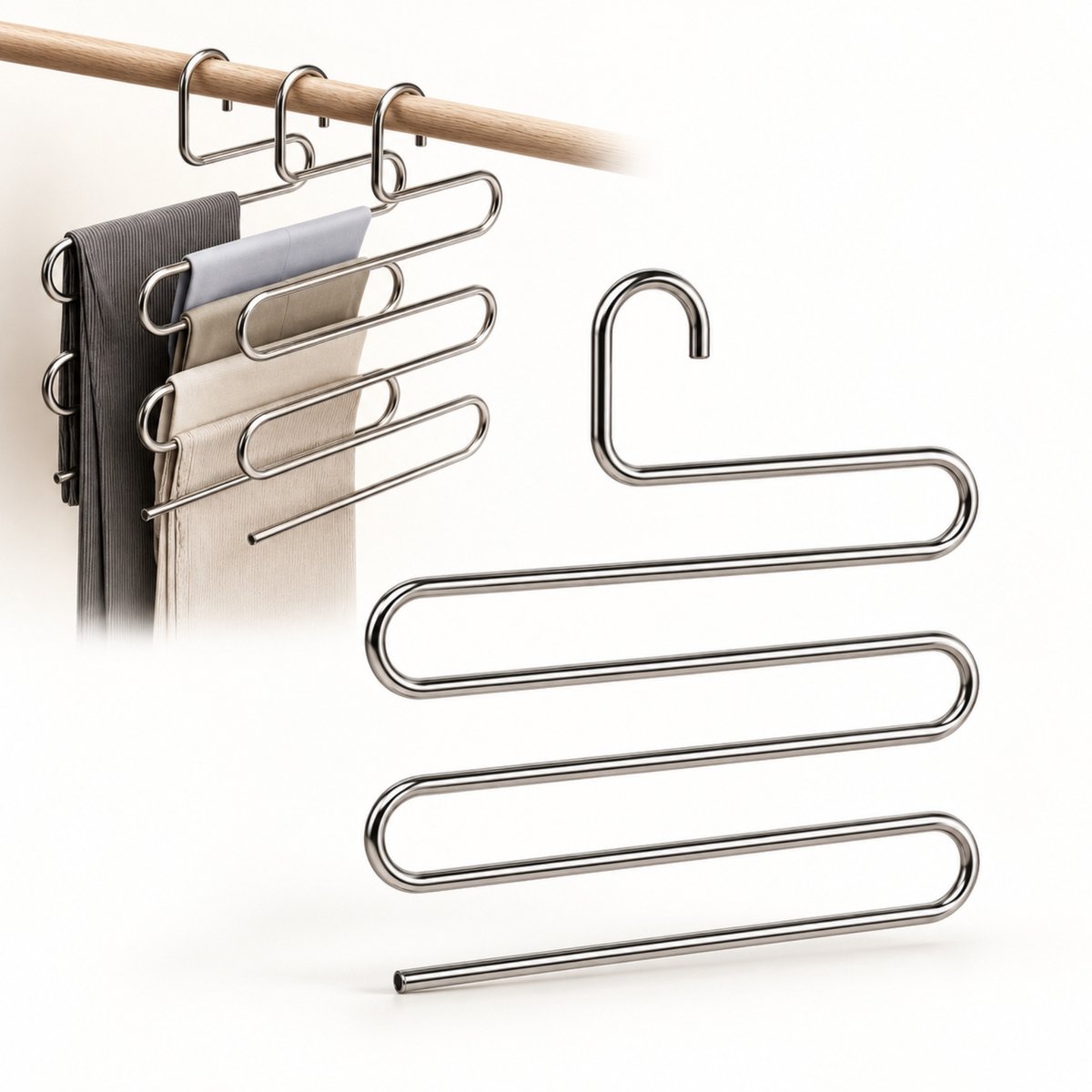 GoGoodies® Broekhanger Ruimtebesparend - Broekenhangers - 5 Broeken - Kledinghangers - RVS