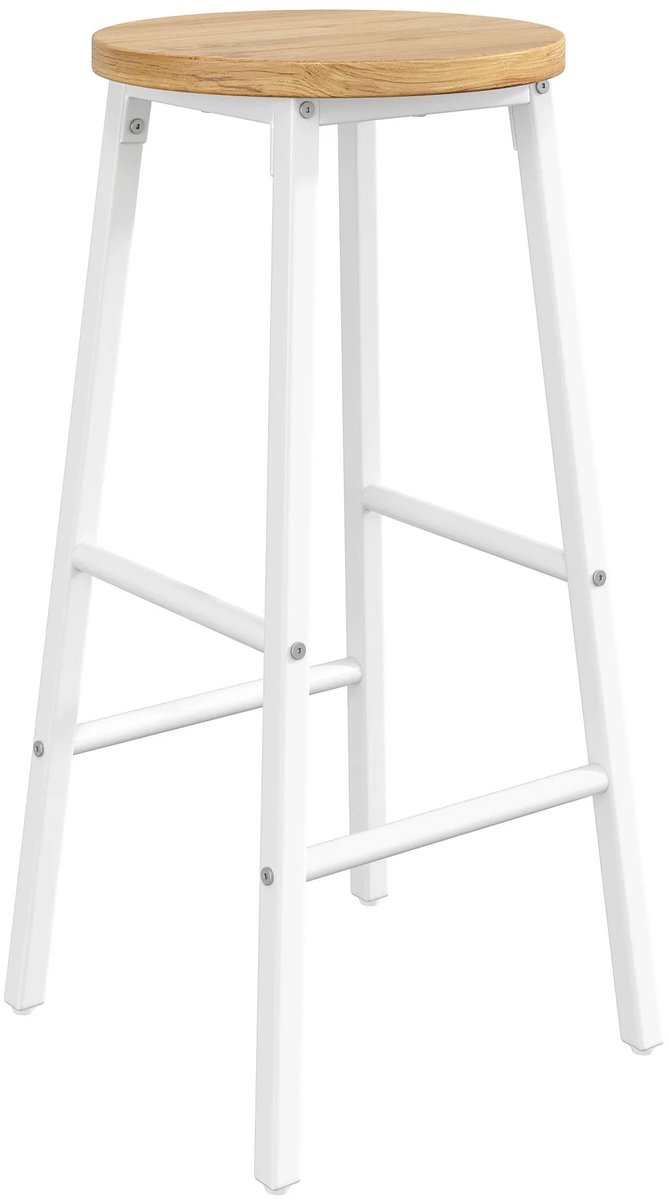 Emvae Barkruk - Set van 2 - Barkruk voor Keukeneiland en Bar - 30 x 30 x 63 cm - MDF Houtlook Zitting - Wit Metalen Frame