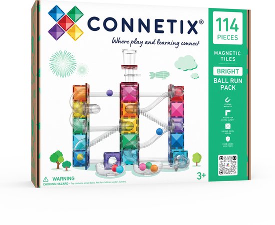 Verpakking van Connetix 114-delig Bright Ball Run magnetisch tegelpakket met afbeelding van de speelgoedset.