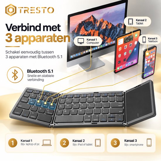 Groot Computer TRESTO - Opvouwbaar Toetsenbord - Groot Touchpad - Qwerty Toetsen ...