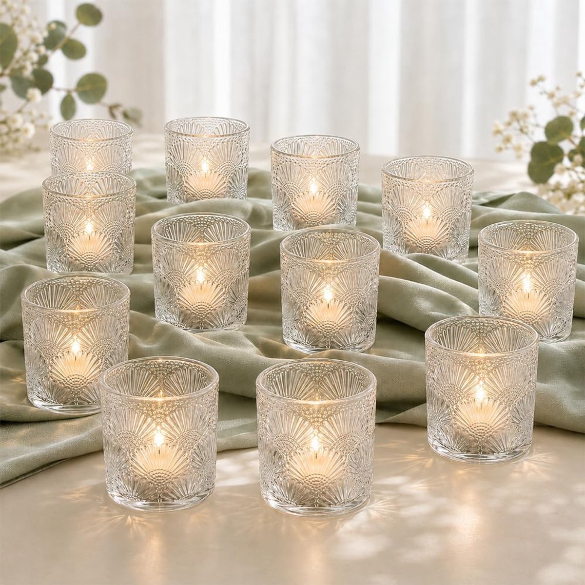 Theelichthouders vintage 5,5 x 6,5 cm - glas - 12 stuks - sfeervolle verlichting - ShopVlot