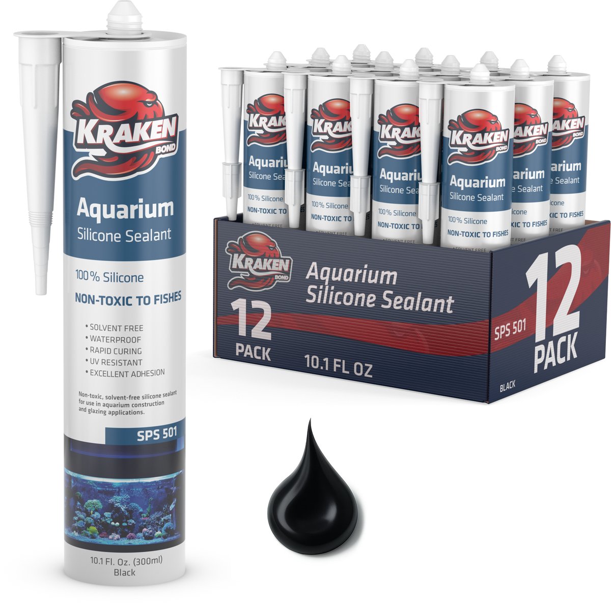 Kraken Bond Aquarium Siliconenkit Zwart 300 ml – 12 stucks – 100% Silicone – Waterdichte Afdichting – Sterke Hechting – Voor Aquaria & Glas