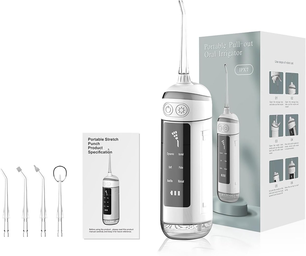Monddouche met 6 standen - draagbare waterflosser - IPX7 waterdicht - flosdraad - tandenborstel met 4 opzetstukken voor thuis en op reis (Kleur: Wit)