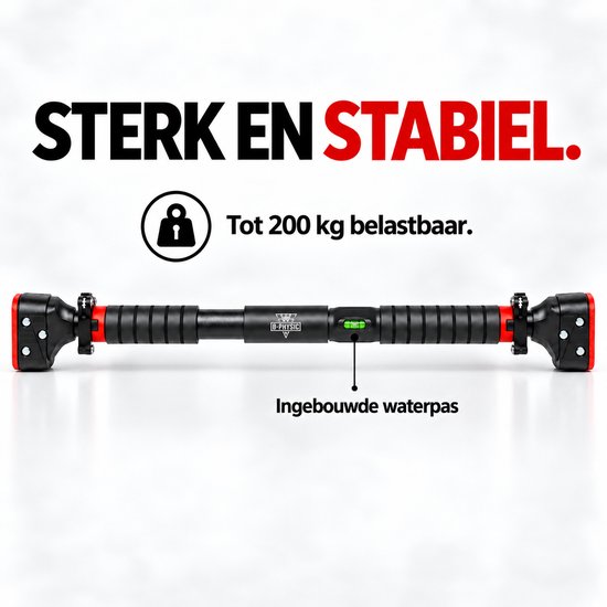 Zwarte optrekstang met rode doppen en handgrepen, met ingebouwde waterpas. Tekst: "STERK EN STABIEL. Tot 200 kg belastbaar."