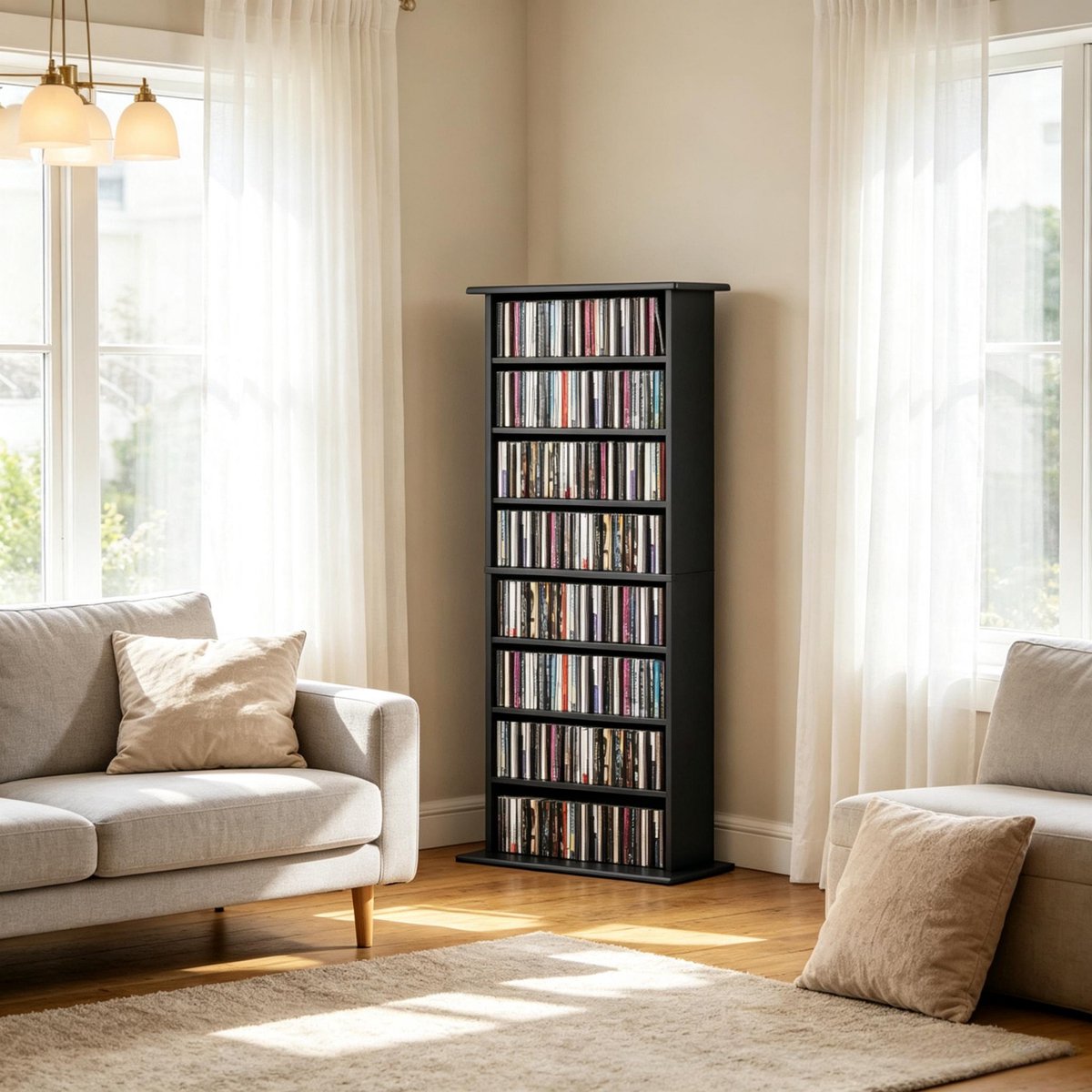 Zwarte CD DVD Opbergkast - CD Kast Voor 360 CD's - DVD Kast Voor 185 DVD's En Blu-rays - 8 Vakken - Spaanplaat - 58 x 24 x 126,3 cm