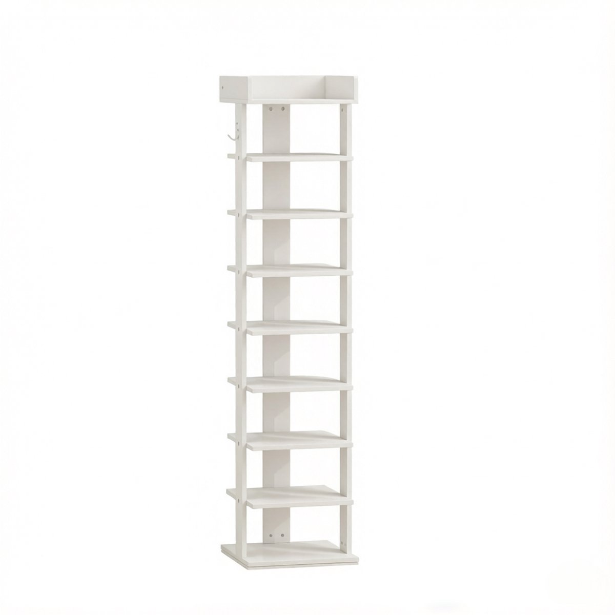 Schoenenrek Met 9 Niveaus - Smal Schoenenrek Voor De Hal Met Bovenblad En 2 Haken - Opbergruimte Voor 9 Paar Schoenen - Wit Spaanplaat