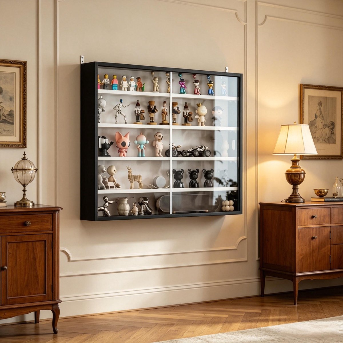 Wandvitrine Voor Verzamelobjecten - Glazen Wandvitrine Met Schuifdeuren - Vier Verstelbare Planken - Voor Woonkamer - Glas En Spaanplaat