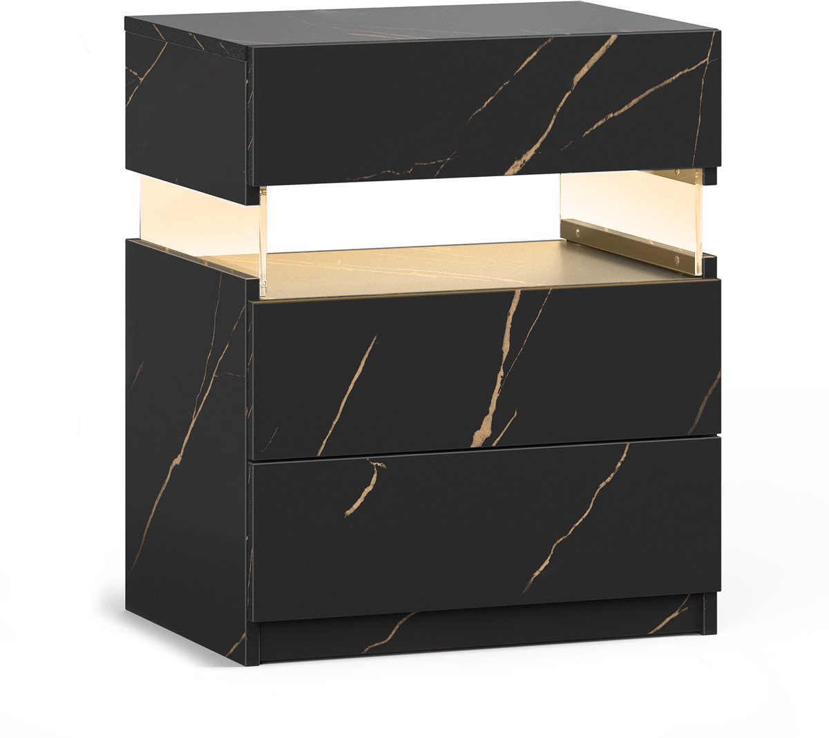 Ropilly Nachtkastje met LED Verlichting - 3 Lades - Zwart Goud - Slaapkamer Bijzettafel - 48x38x61 cm Zwart + goud