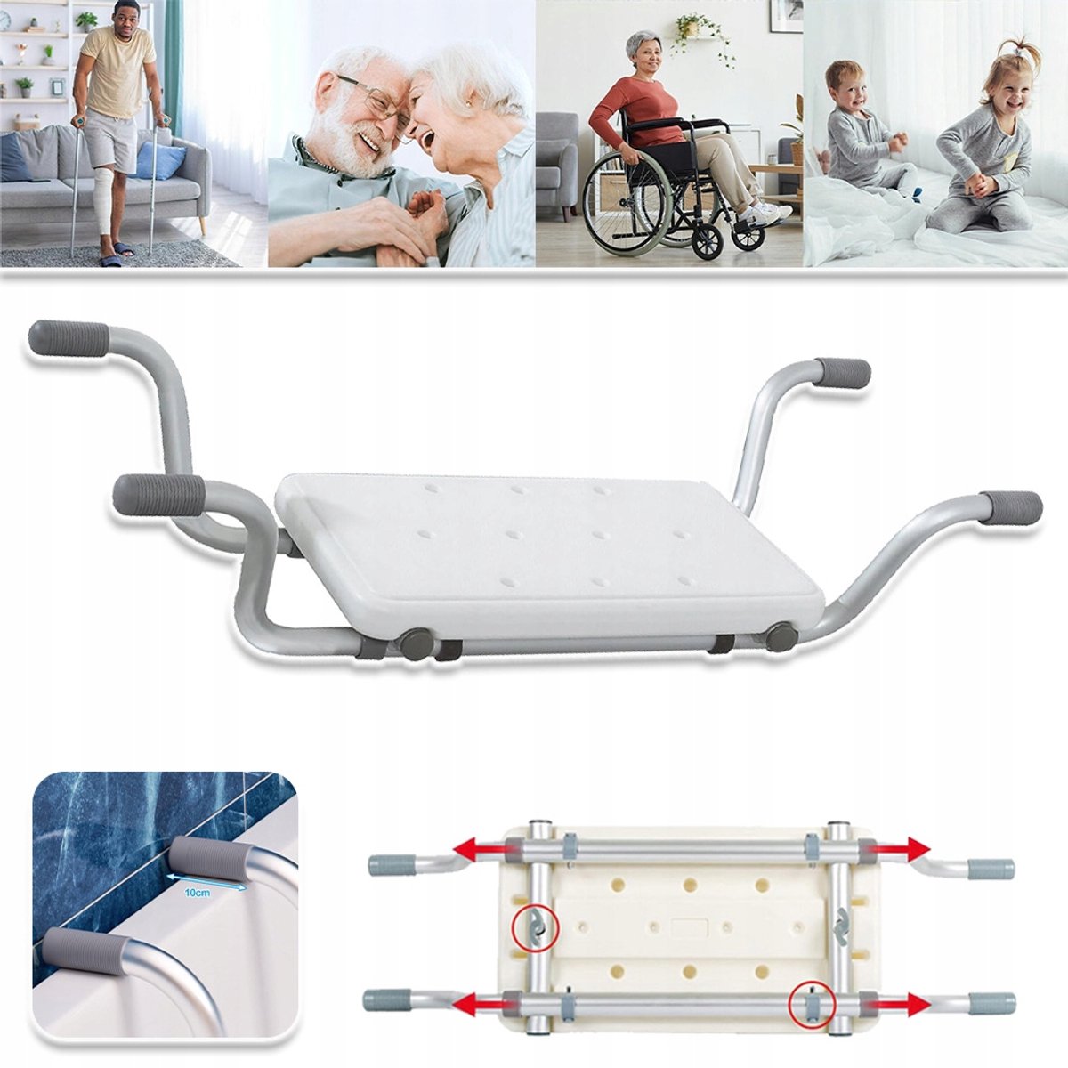 Afvoergaten En 4 Handgrepen – Veiligheids Badzitje Met Antislip Doppen – Verstelbaar En Draagvermogen 100 kg – Montage Zonder Gereedschap – Geschikt Voor Senioren En Na Een Operatie – Wit