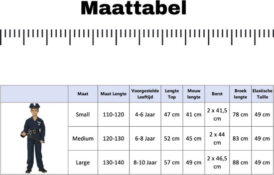 Maattabel voor politie kostuum met afmetingen voor lengte, leeftijd, top, mouw, borst, broek en taille.