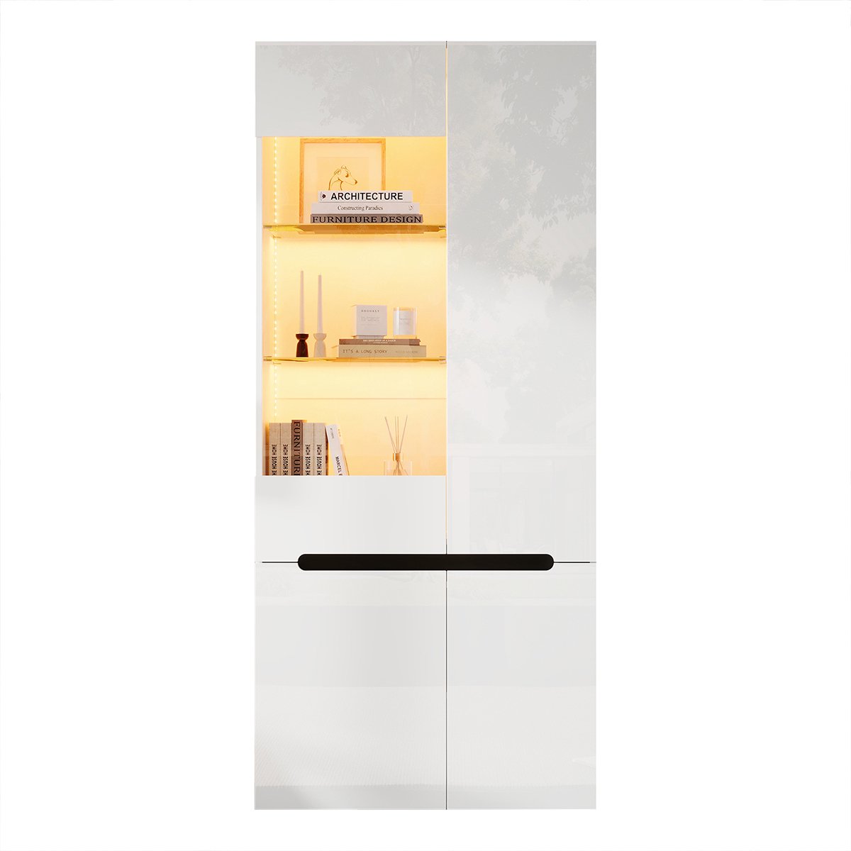 LONG DRAGON - Vitrinekast - Wit met ledverlichting - 4 draaideuren & veiligheidsglas legplanken - Hoogglansfront - 80 x 35 x 180 cm
