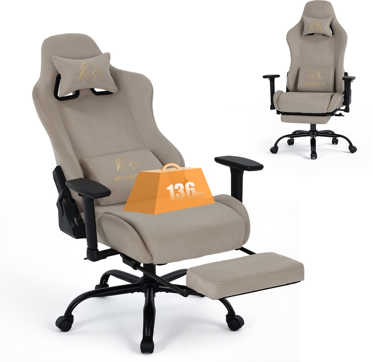 COLAMY Ergonomische Gamingstoel - Met Voetensteun - 4D Verstelbare Armleuningen - 90-135° Verstelbare Rugleuning - Pocketvering - Tot 136 kg -Camel