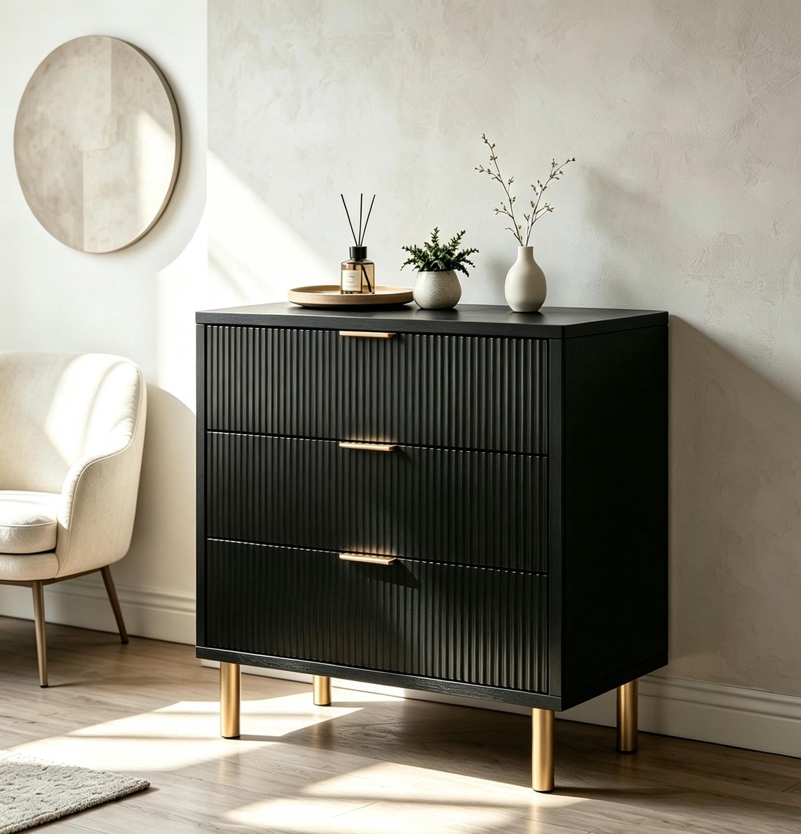 Ladekast 3 Lades Hout Metalen Poten – Wit – 76 cm – voor Slaapkamer Woonkamer of Gang