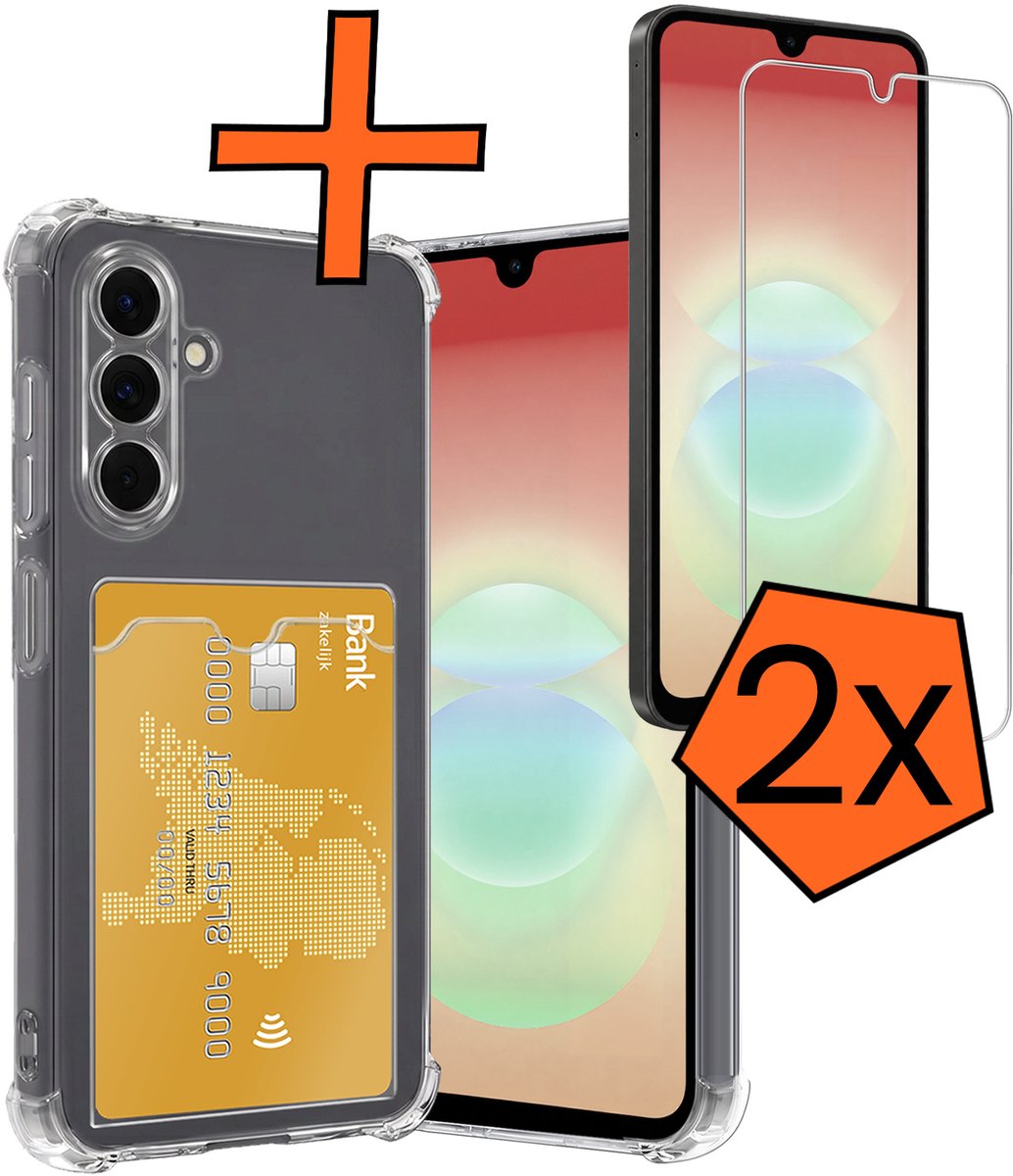 Hoes - Geschikt voor Samsung Galaxy A18 - Met 2x Screenprotector - Pashouder - Kaarthouder - Telefoon Hoesje Shockproof - Siliconen Case - Back Cover - Shock Proof - Pasjes Houder - Transparant