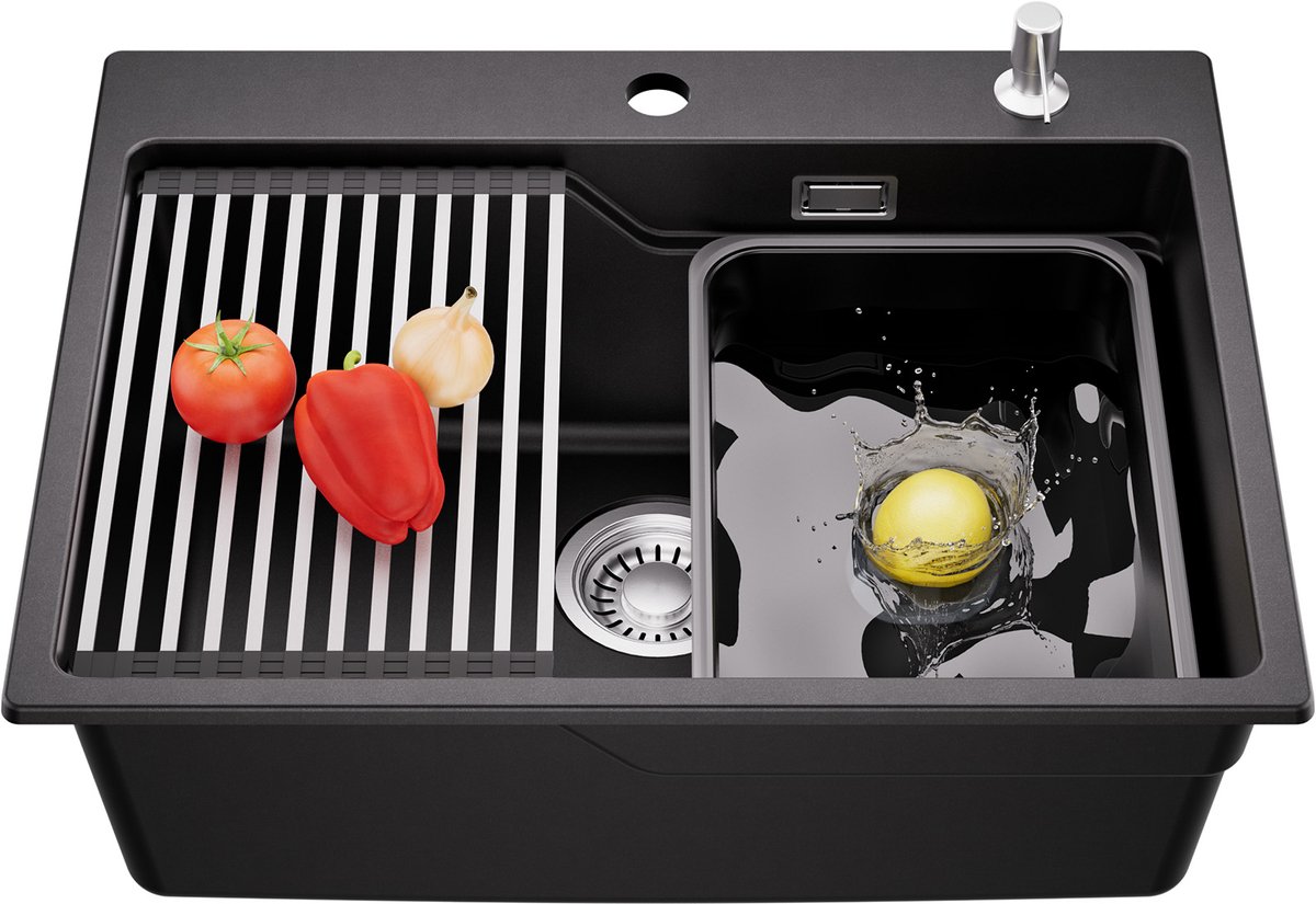 CECIPA Max Granieten Spoelbak 60x46CM - Luxe Spoelbak Keuken - Composiet Spoelbak Met Afdruipkom、Afdruipblad en Zeepdispenser - Gootsteen Zwart