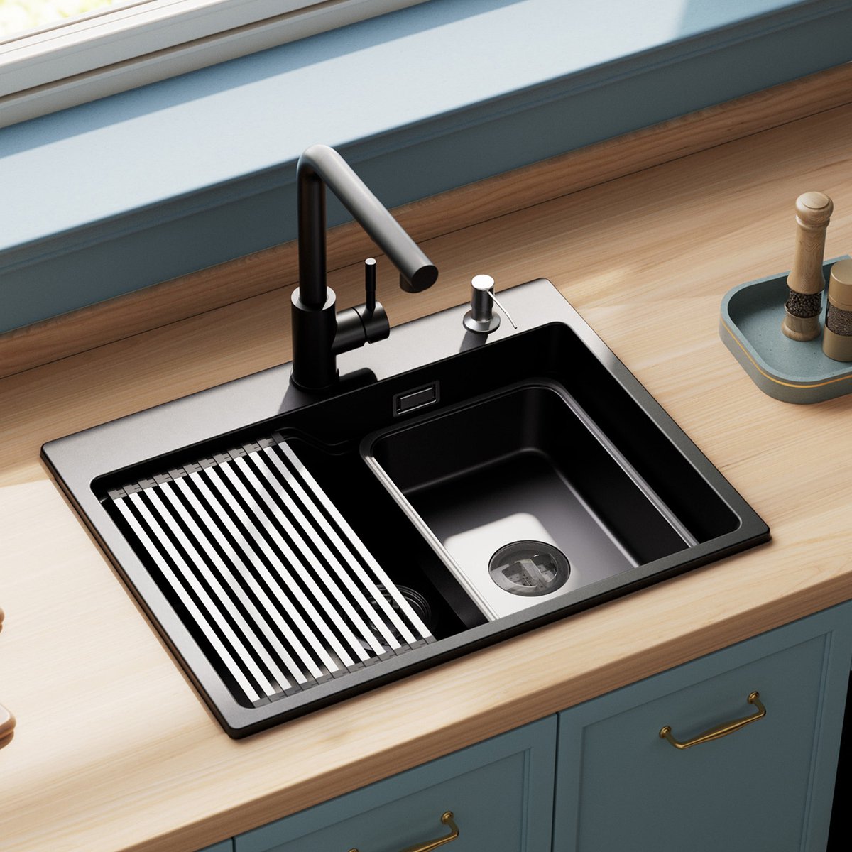 CECIPA Max Granieten Spoelbak 60x46CM - Multifunctioneel Spoelbakken - Luxe Gootsteen Zwart - Spoelbak Keuken Met Afdruipkom | Afdruipblad | Zeepdispenser - Wasbak Keuken Zwart