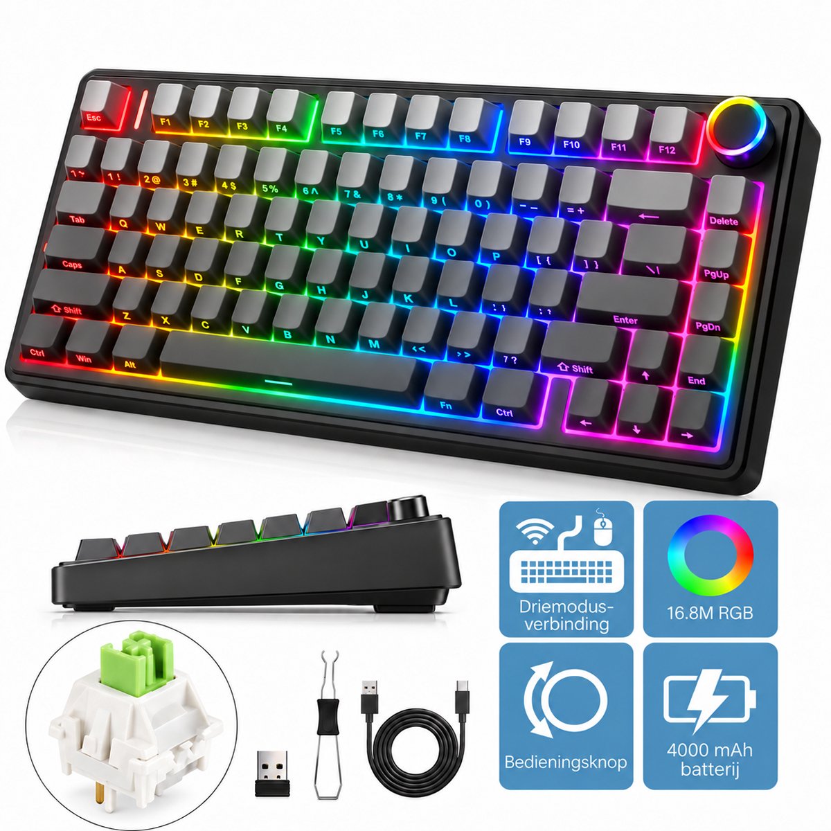 AULA F75 PRO-75% Mechanisch Toetsenbord-Draadloze Gaming Toetsenbord- BT5.0/USB‑C/2,4GHz-Gasket structuur-RGB Reaperschakelaars-Compatibel met Win/Mac-Zwart Verloop