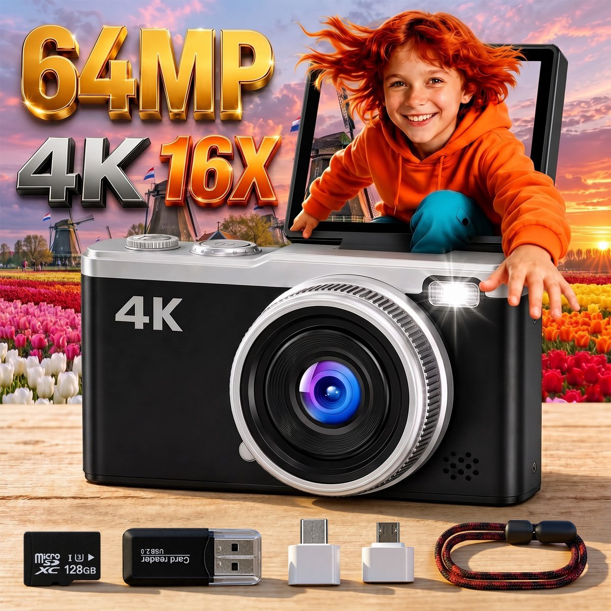 Digisand Digitale Camera – 4K Ultra HD – Incl. 128GB SD Kaart – Compact Fototoestel & Vlogcamera – Voor Volwassenen & Kinderen